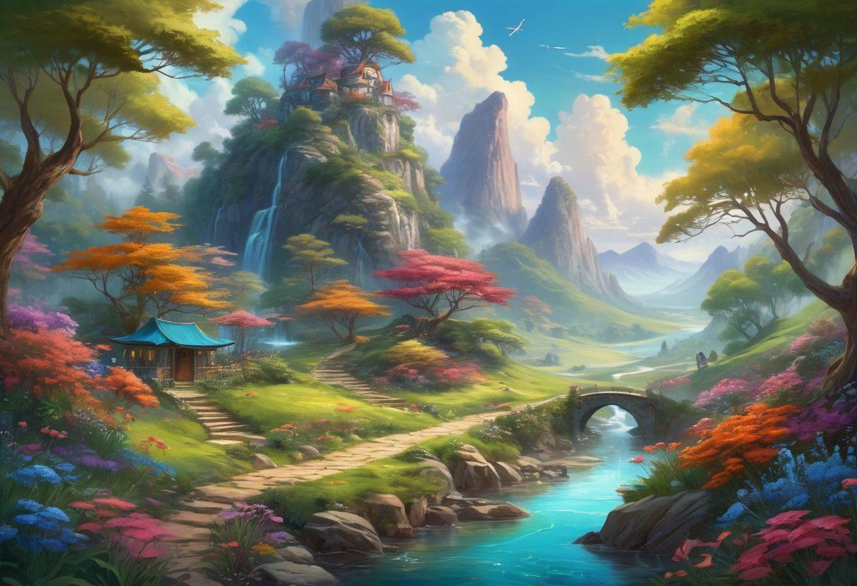 A whimsical landscape filled with fantastical creatures and colorful characters engaging in various playful activities. The scene should evoke a sense of adventure and allure, blending elements of fantasy with subtle adult themes, like hidden imagery within the landscape. Incorporate vibrant colors, flowing lines, and a dreamy atmosphere. perfect for a mature audience while remaining elegant. digital painting. vibrant colors.