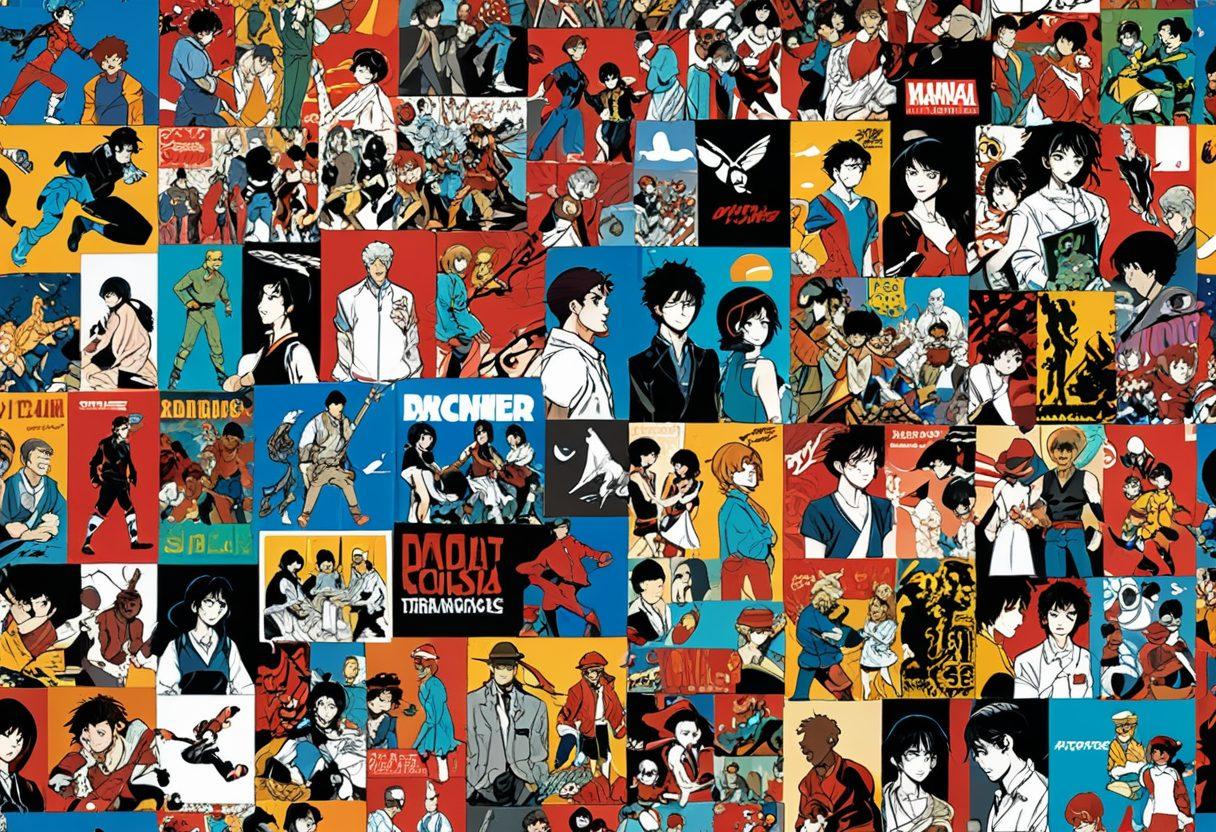 A dynamic collage depicting the evolution of adult anime, featuring iconic comic panels transitioning into animated scenes. Showcase diverse character designs blending styles from classic comics to modern cartoons, with vibrant colors and bold lines. Include elements like manga books, animation cels, and a rising popularity trend graph in the background. The overall scene should convey a sense of motion and transformation. super-realistic. vibrant colors. cinematic lighting.
